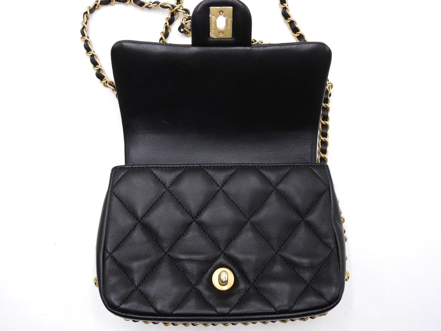 Chanel Mini Matelasse Flap Chain Shoulder Bag Lambskin Black Gold Hardware