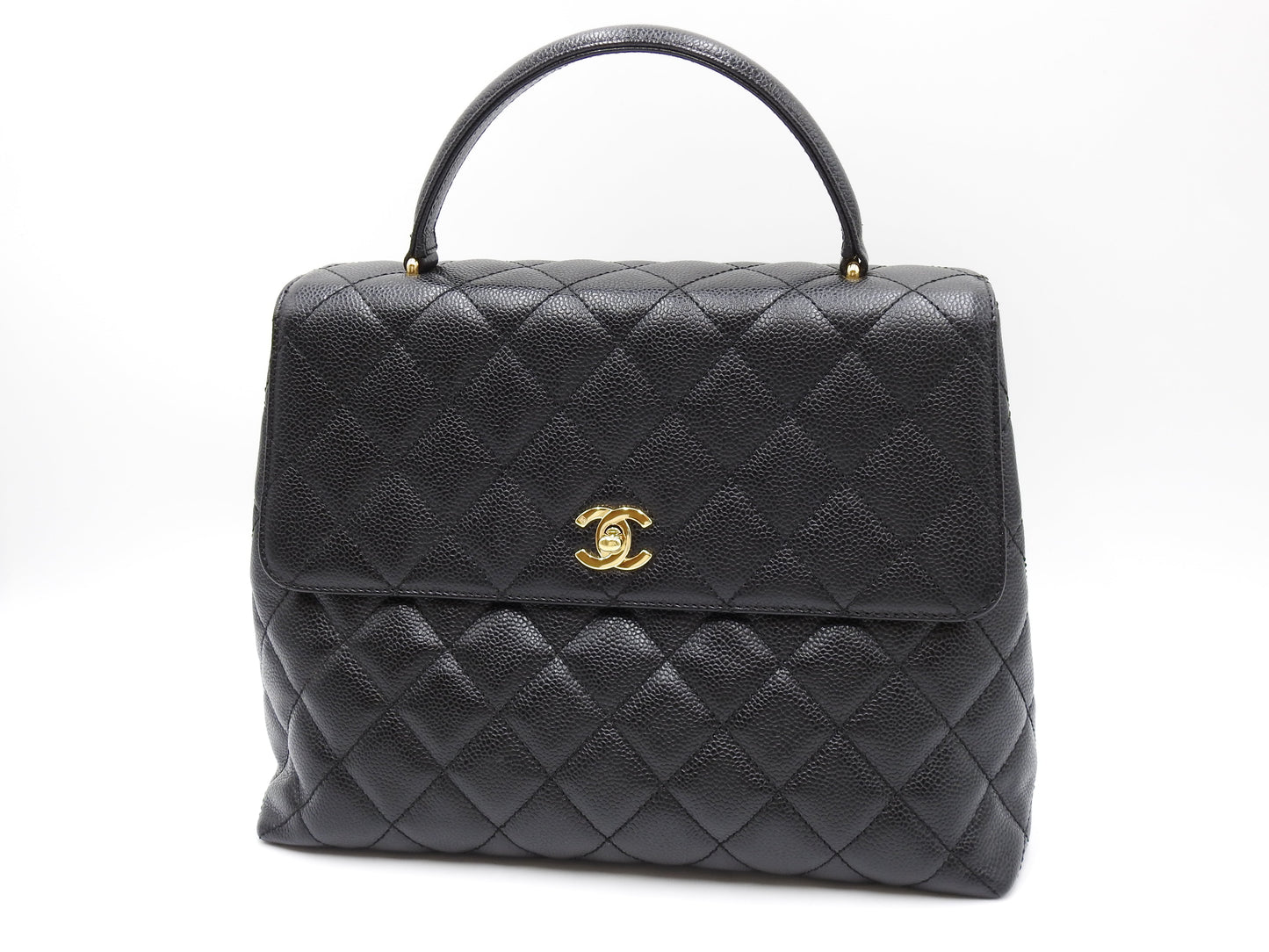 CHANEL Matelasse CC Kelly Hand Bag Caviarskin Leather Black Gold A12397