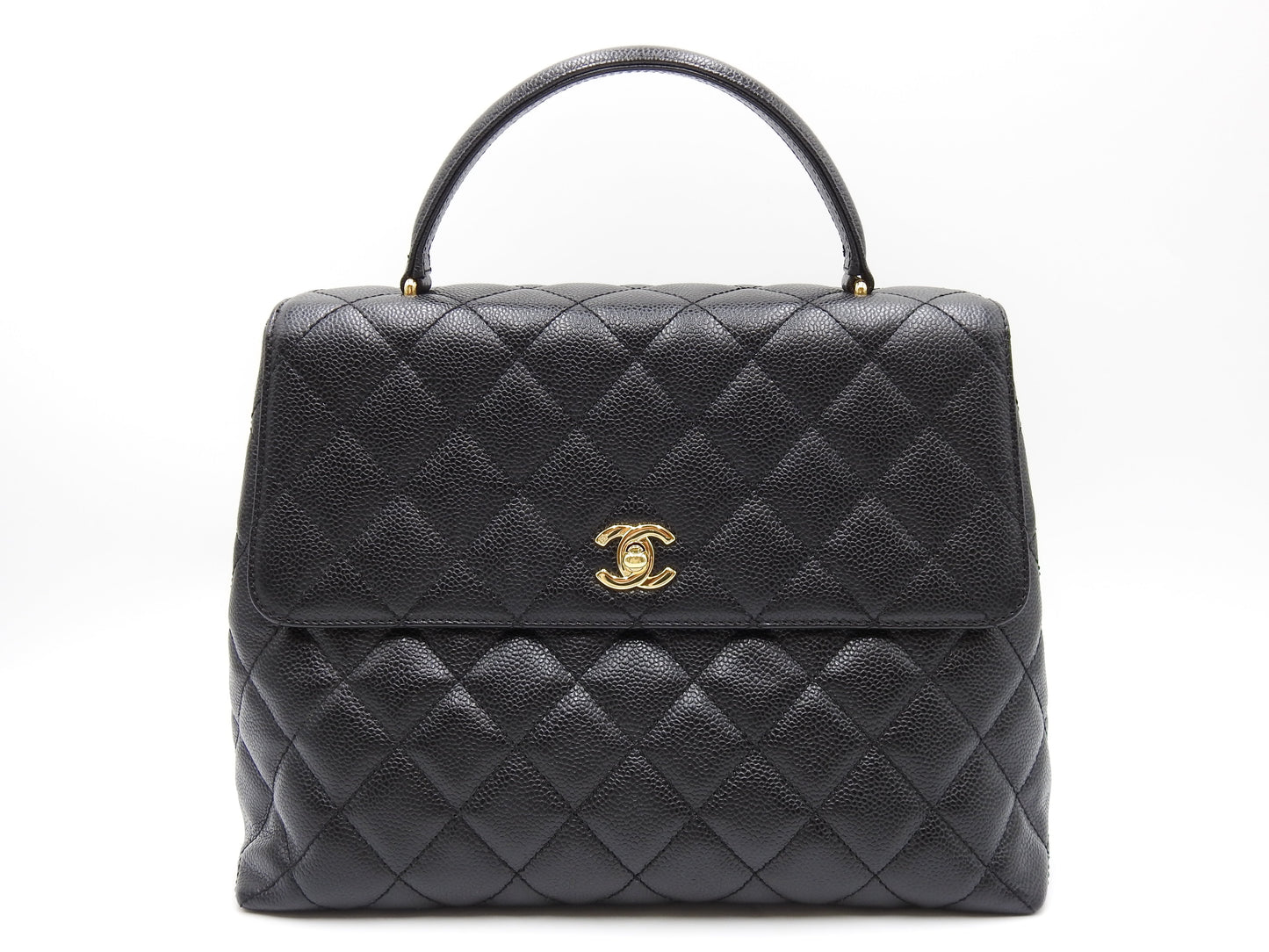 CHANEL Matelasse CC Kelly Hand Bag Caviarskin Leather Black Gold A12397