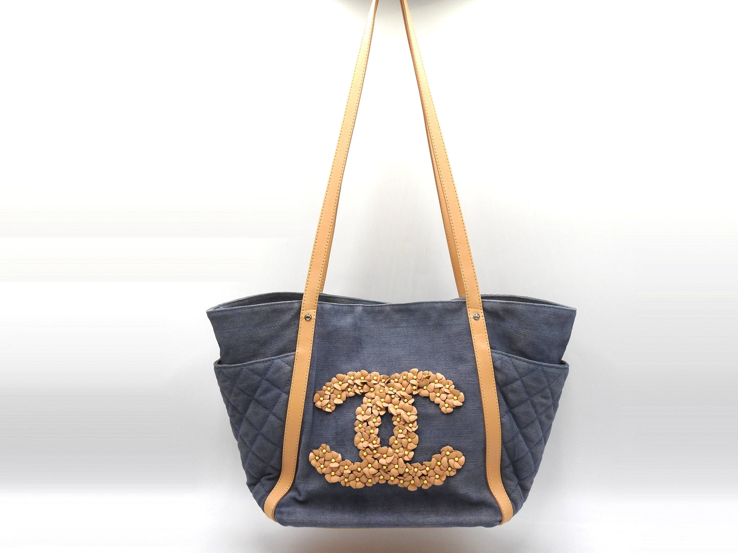 CHANEL CC Flower Shoulder Tote Bag Washed Denim Leather Blue Beige