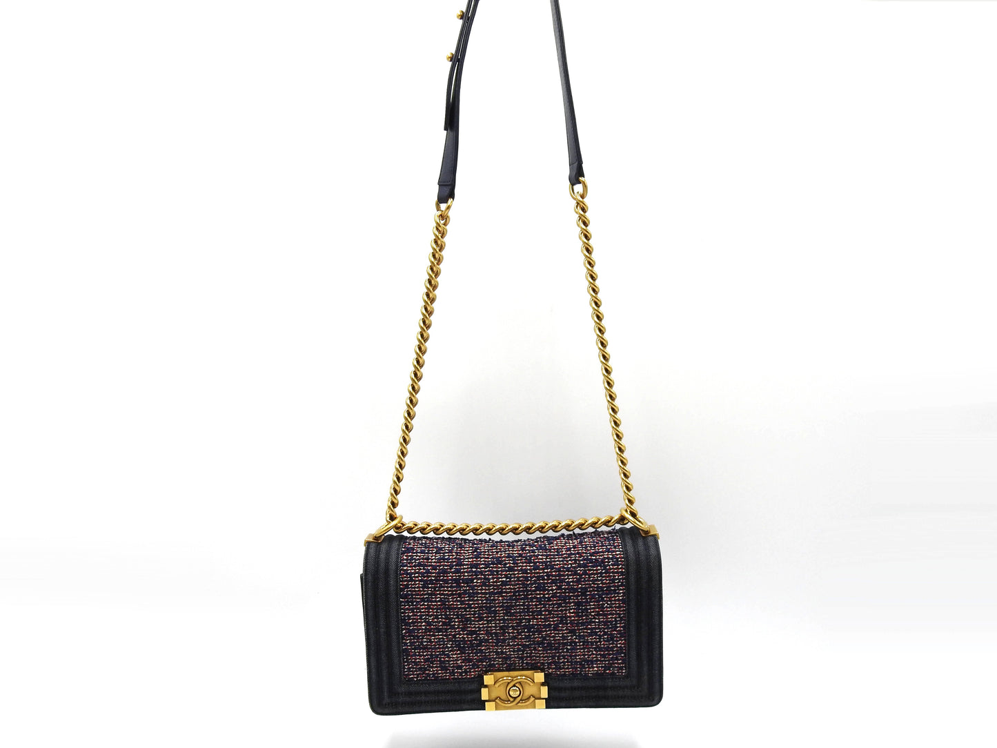CHANEL Medium Boy Flap 25 Chain Shoulder Bag Denim Tweed Blue Gold A67086