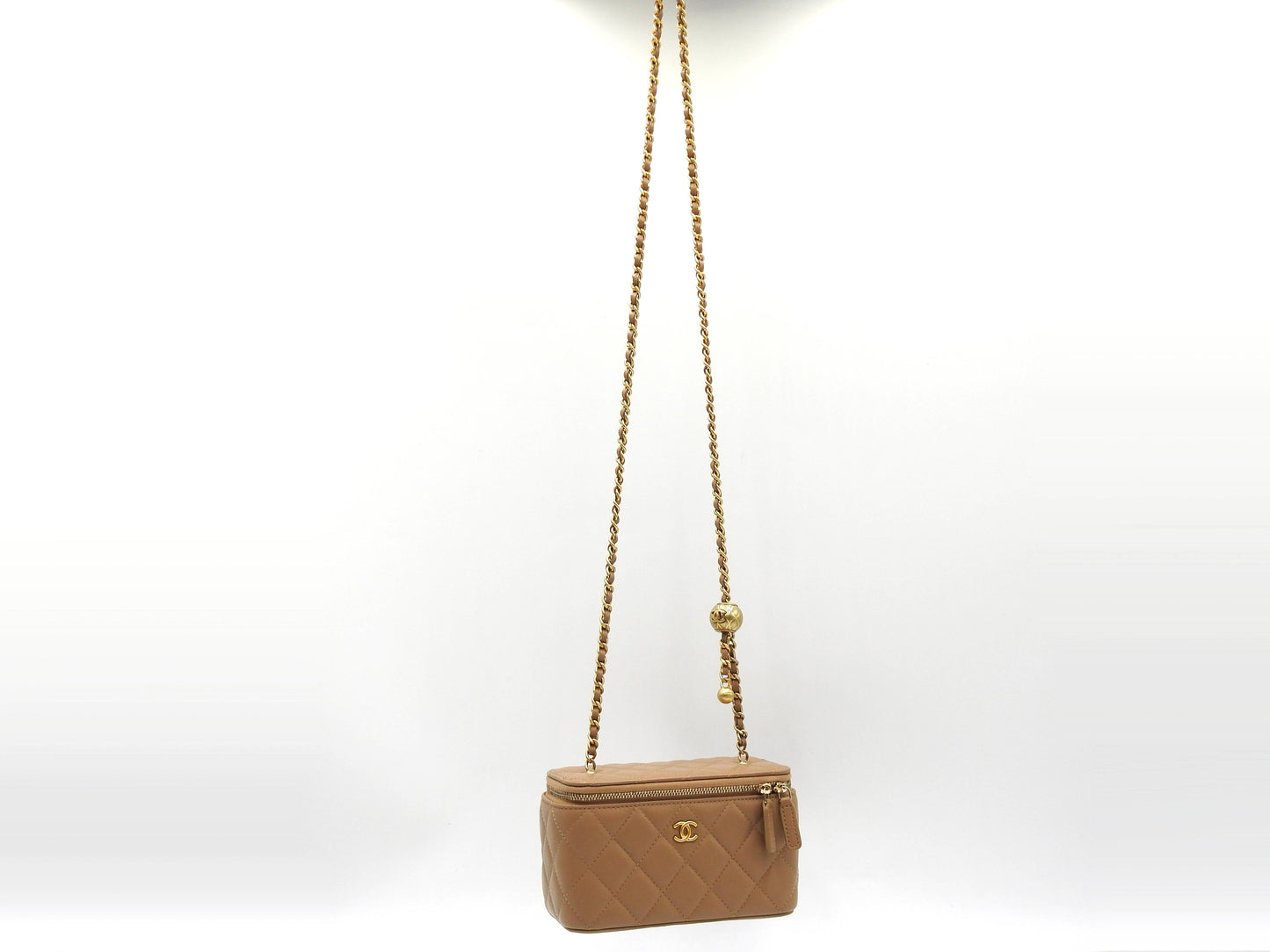 CHANEL Pearl Crush Vanity Case Chain Shoulder Bag Lambskin Beige Gold