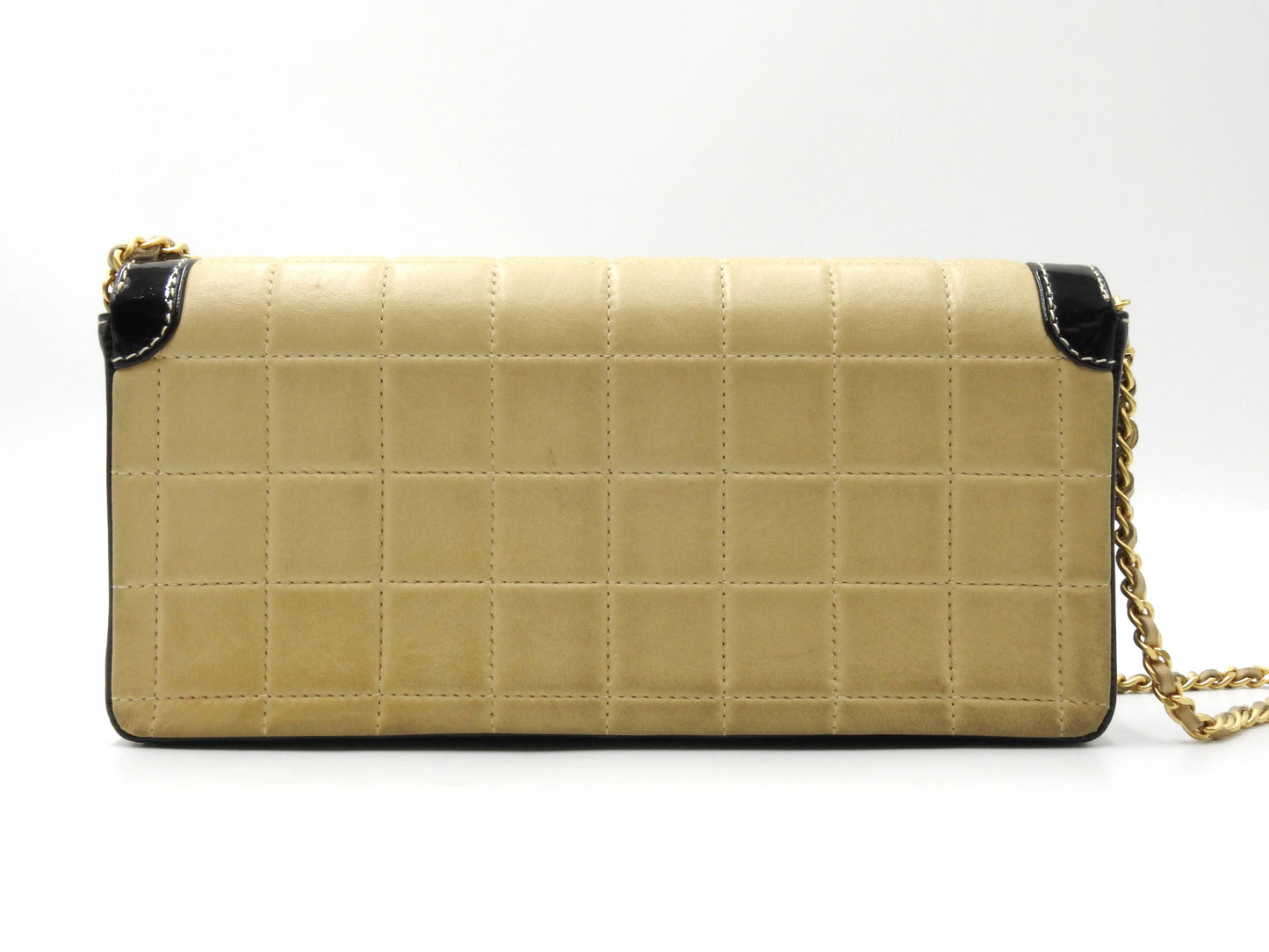CHANEL Chocolate Bar Chain Shoulder Bag Lambskin Patent Beige Black A15316