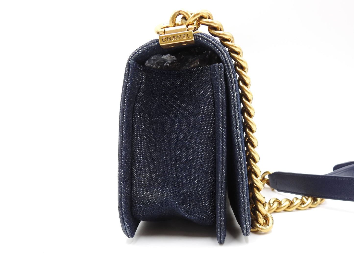 CHANEL Medium Boy Flap 25 Chain Shoulder Bag Denim Tweed Blue Gold A67086