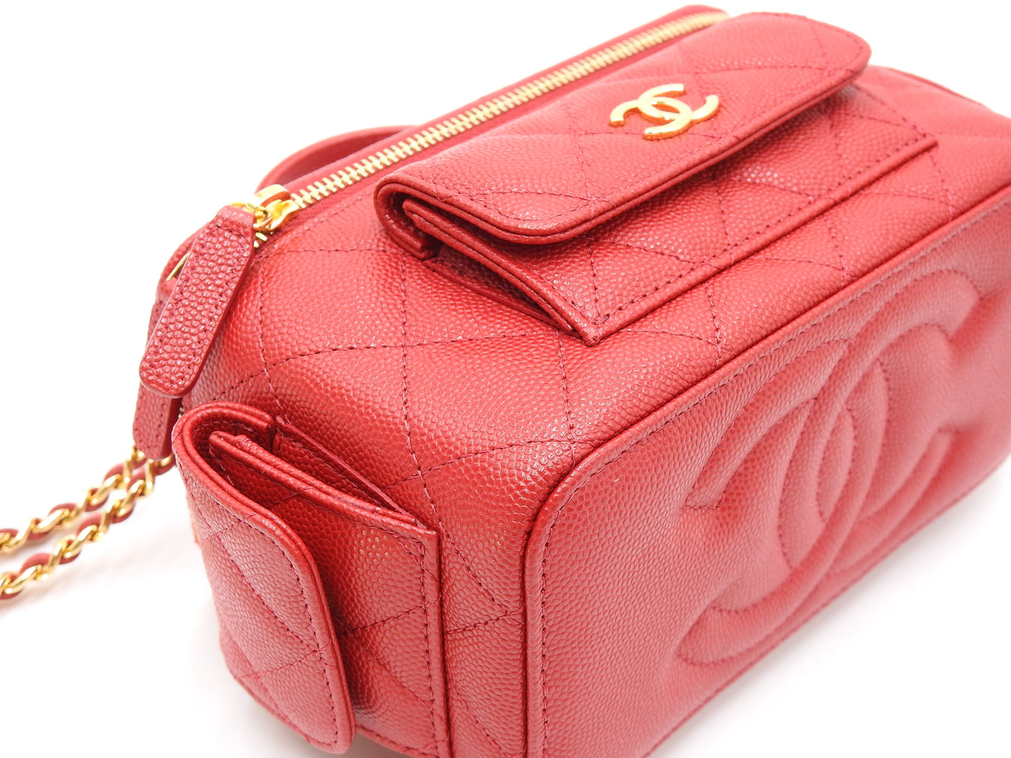 CHANEL CC Matelasse Top Handle 2way Chain Vanity Bag Caviarskin Red AP3017