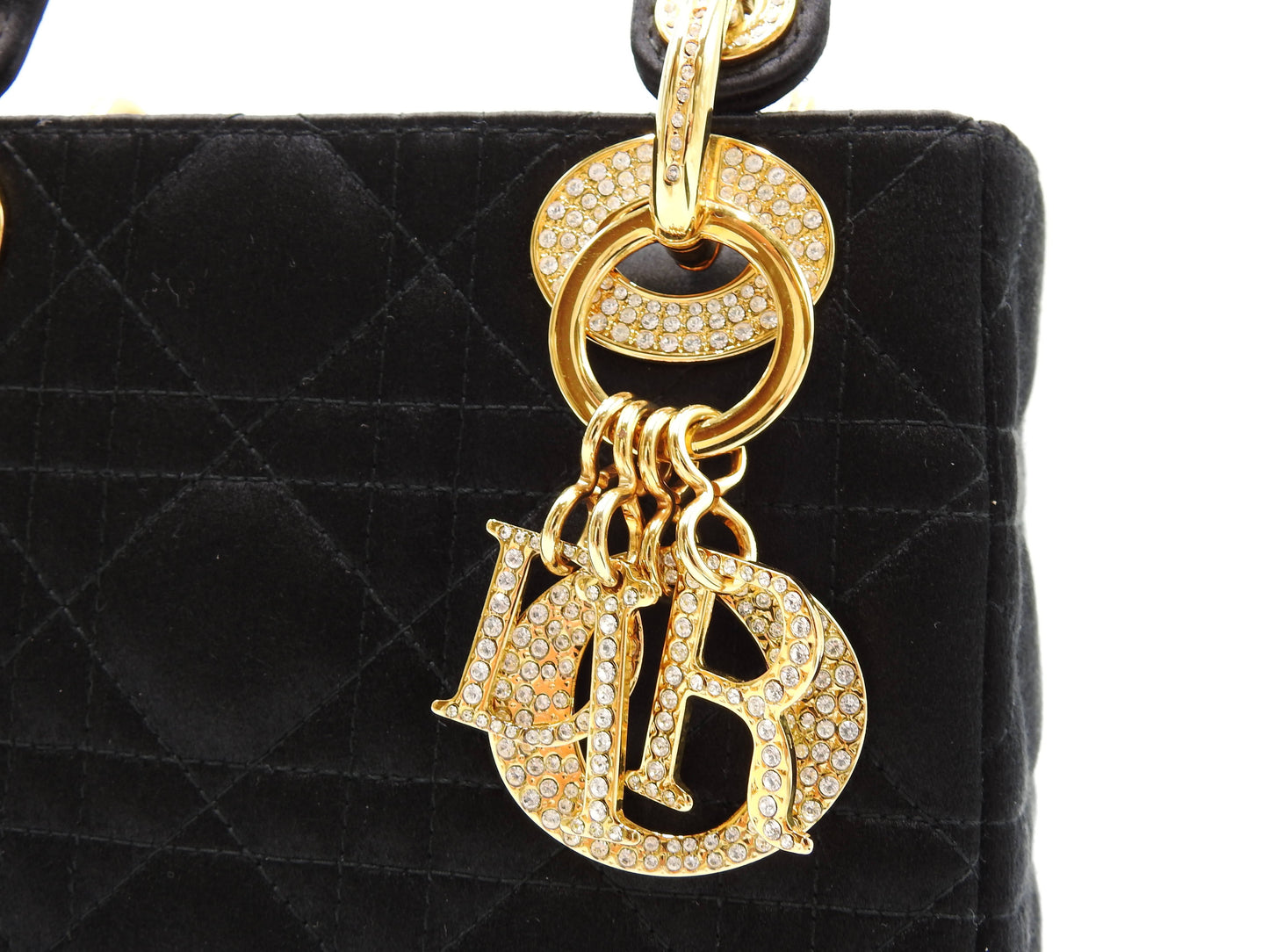 Christian Dior Lady Dior Mini Cannage Hand Bag Satin Crystal Black Gold