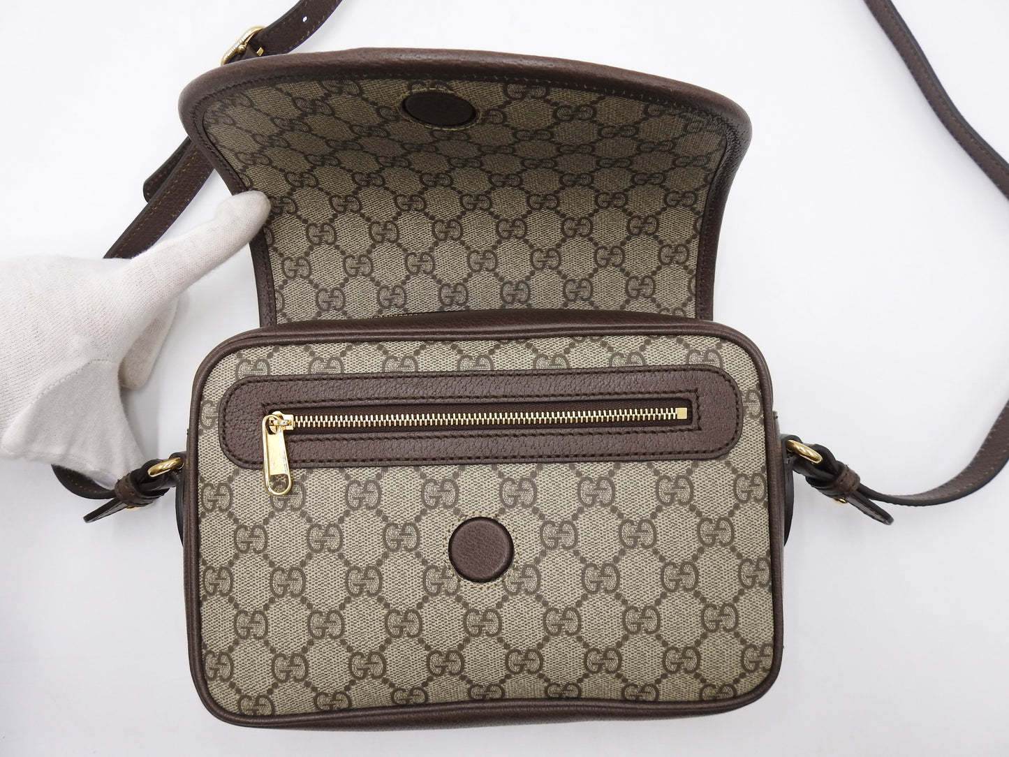GUCCI GG Supreme Ophidia Web Messenger Shoulder Bag Beige Brown 722117