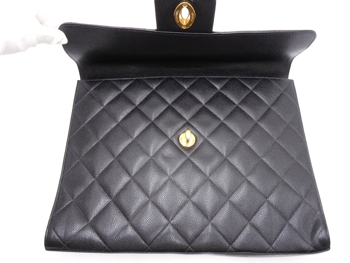CHANEL CC Matelasse Briefcase Business Bag Caviarskin Leather Black Gold