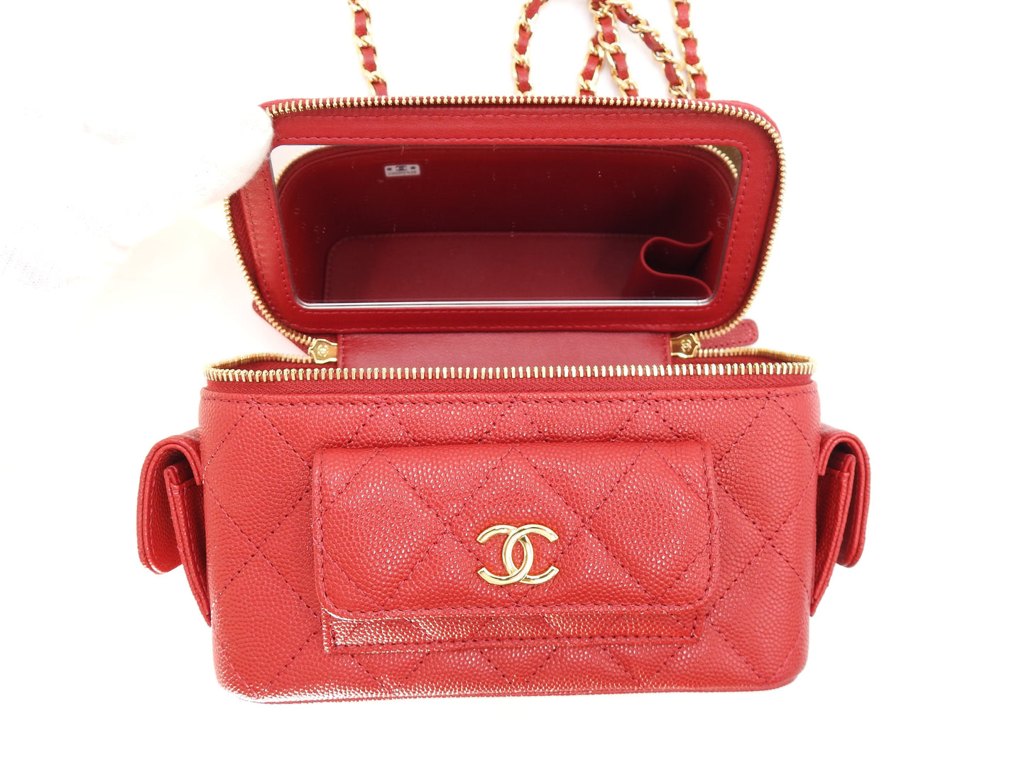 CHANEL CC Matelasse Top Handle 2way Chain Vanity Bag Caviarskin Red AP3017