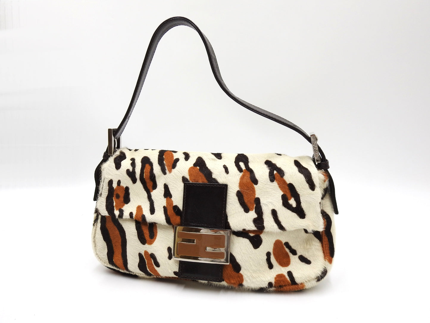 FENDI Leopard Mamma Baguette Shoulder Hand Bag Leather White Brown Silver