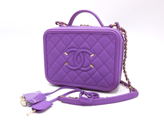 CHANEL CC Filigree Matelasse Shoulder Vanity Bag Caviarskin Purple A93343