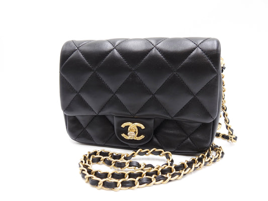 Chanel Mini Matelasse Flap Chain Shoulder Bag Lambskin Black Gold Hardware