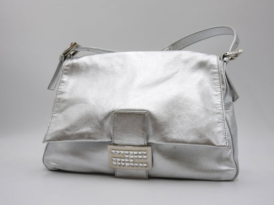 FENDI Mamma Baguette Shoulder Hand Bag Leather Rhinestone Silver