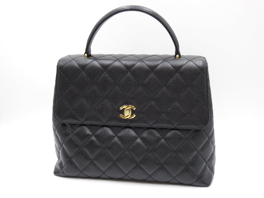 CHANEL Matelasse CC Kelly Hand Bag Caviarskin Leather Black Gold A12397