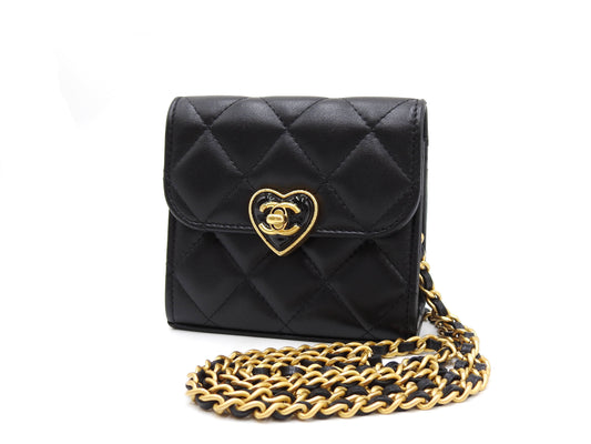 CHANEL CC Heart Matelasse Chain Clutch Shoulder Bag Lambskin Black AP3291
