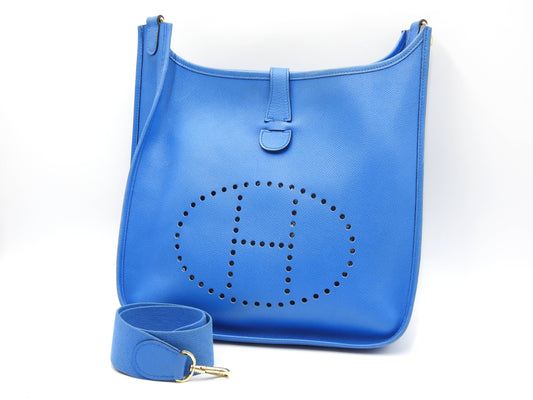Hermes Evelyne 1 GM Shoulder Bag Cushbel Leather Blue Gold Hardware □A
