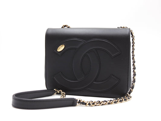 CHANEL CC Mania Chain Shoulder Bag Calfskin Leather Black Gold AS0321