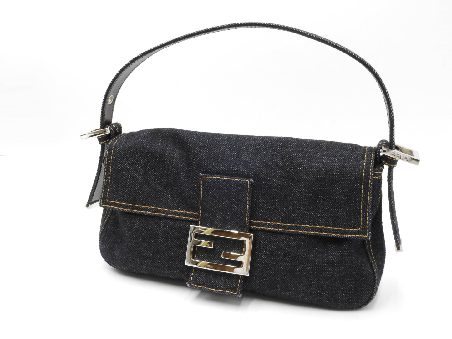 Auth FENDI Mamma Baguette Shoulder Hand Bag Denim Navy Silver Hardware