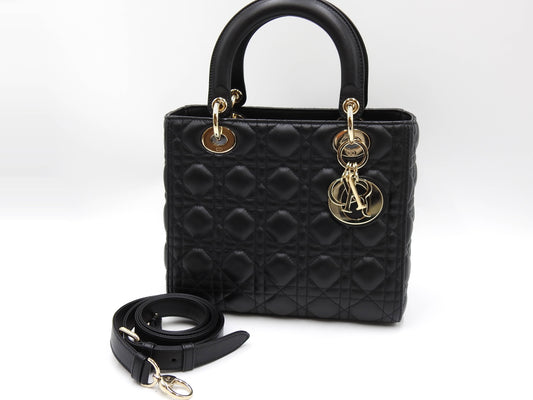 Christian Dior Lady Dior Medium Canage Hand Shoulder Bag Lambskin Black