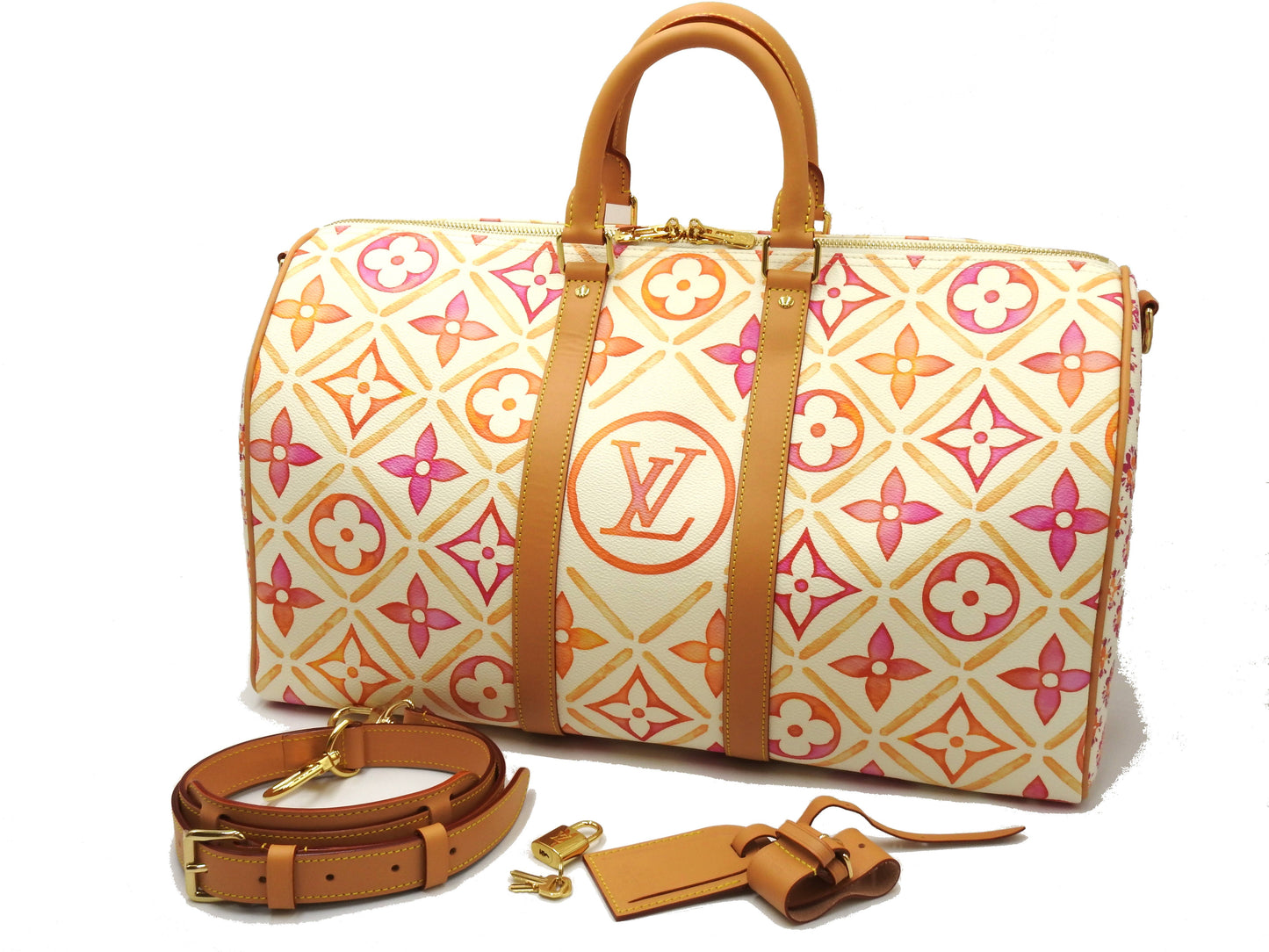 LOUIS VUITTON Monogram Tile Keepall Bandouliere 45 Travel Bag Coral M11251