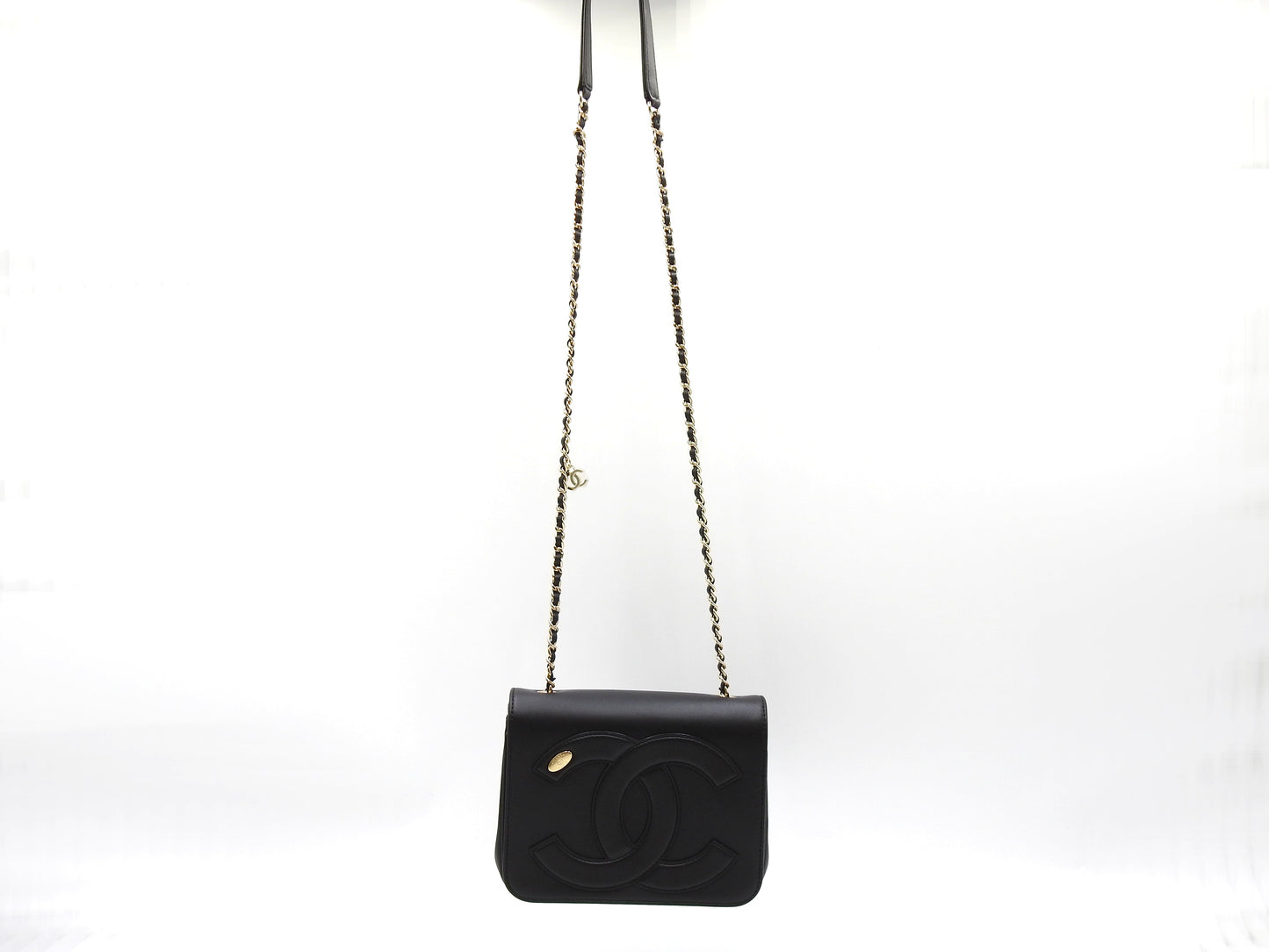 CHANEL CC Mania Chain Shoulder Bag Calfskin Leather Black Gold AS0321