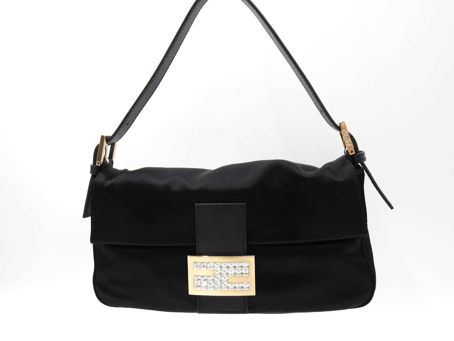 FENDI Mamma Baguette Shoulder Hand Bag Satin Leather Crystal Black 8BR600