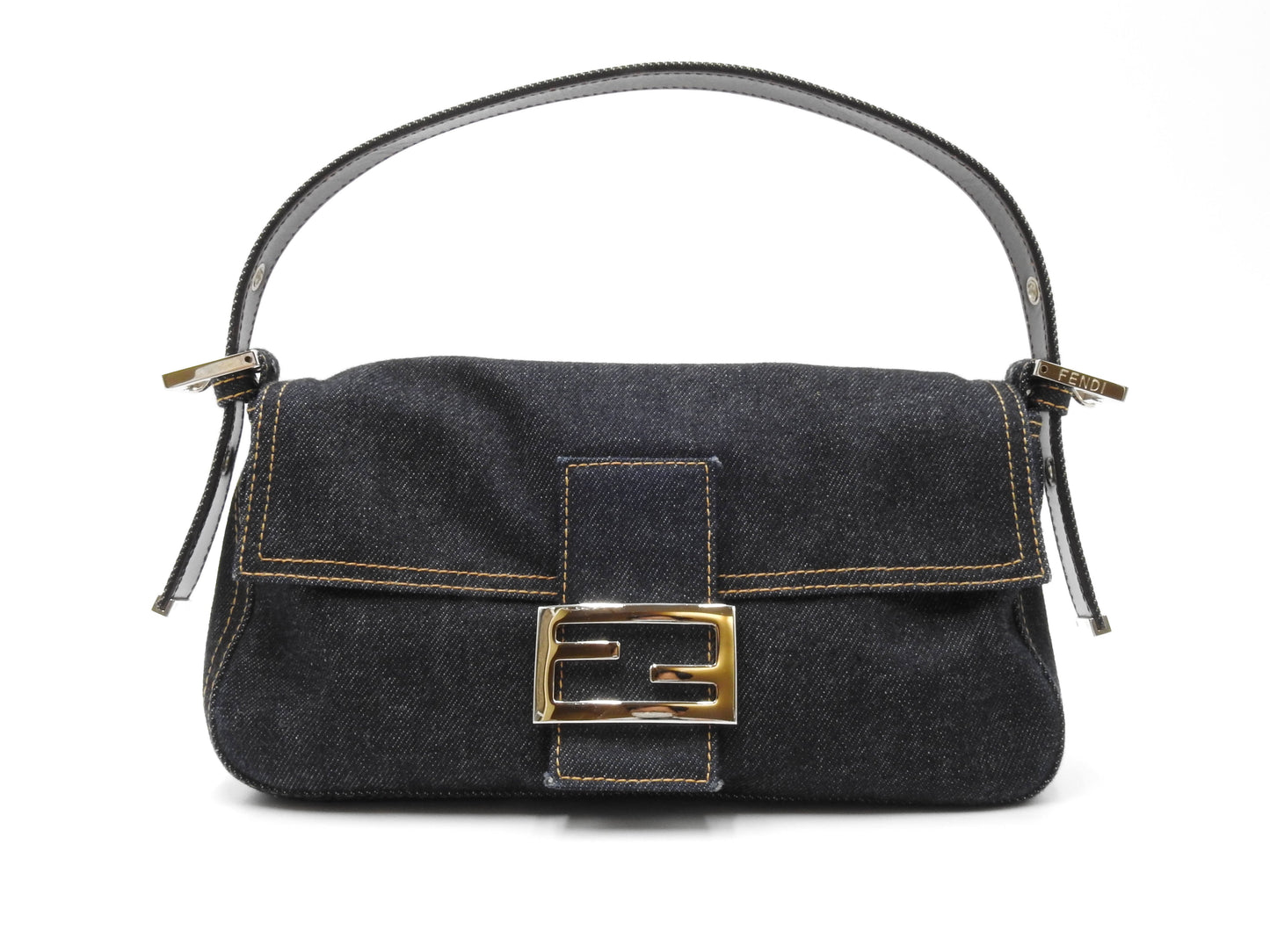 Auth FENDI Mamma Baguette Shoulder Hand Bag Denim Navy Silver Hardware
