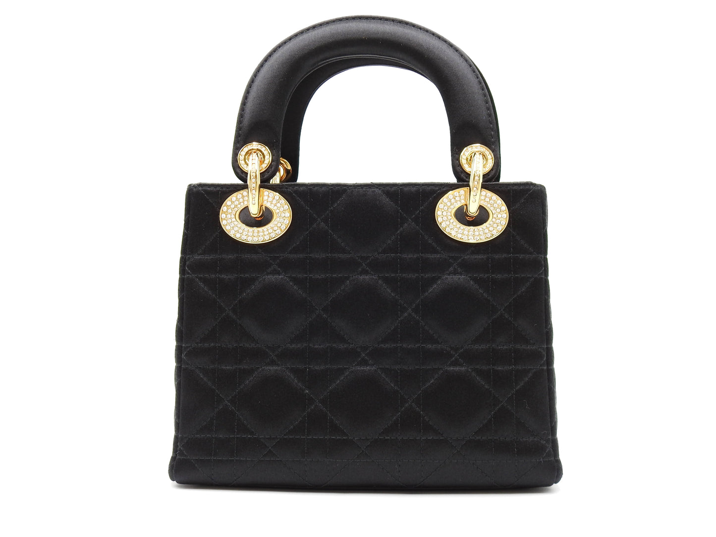 Christian Dior Lady Dior Mini Cannage Hand Bag Satin Crystal Black Gold