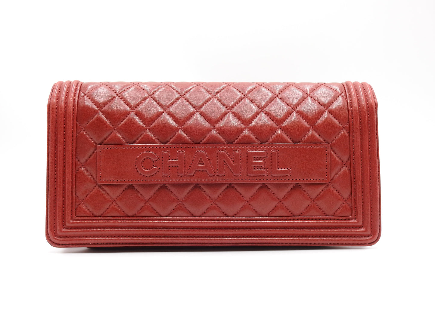 CHANEL CC Matelasse Boy Flap Clutch Second Bag Lambskin Leather Red