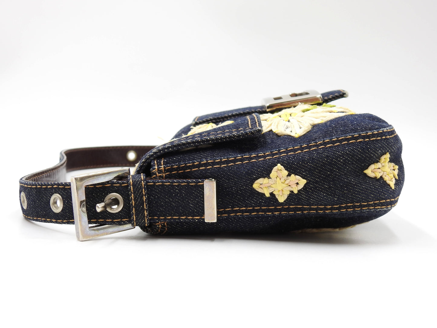 FENDI Denim Mamma Baguette Shoulder Hand Bag Flower Embroidered Navy