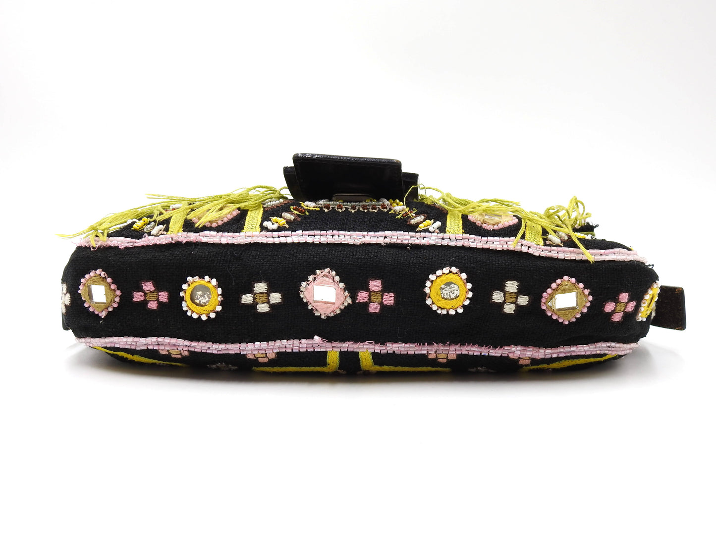 FENDI Mamma Baguette Shoulder Hand Bag Embroidered Beaded Fringe Black