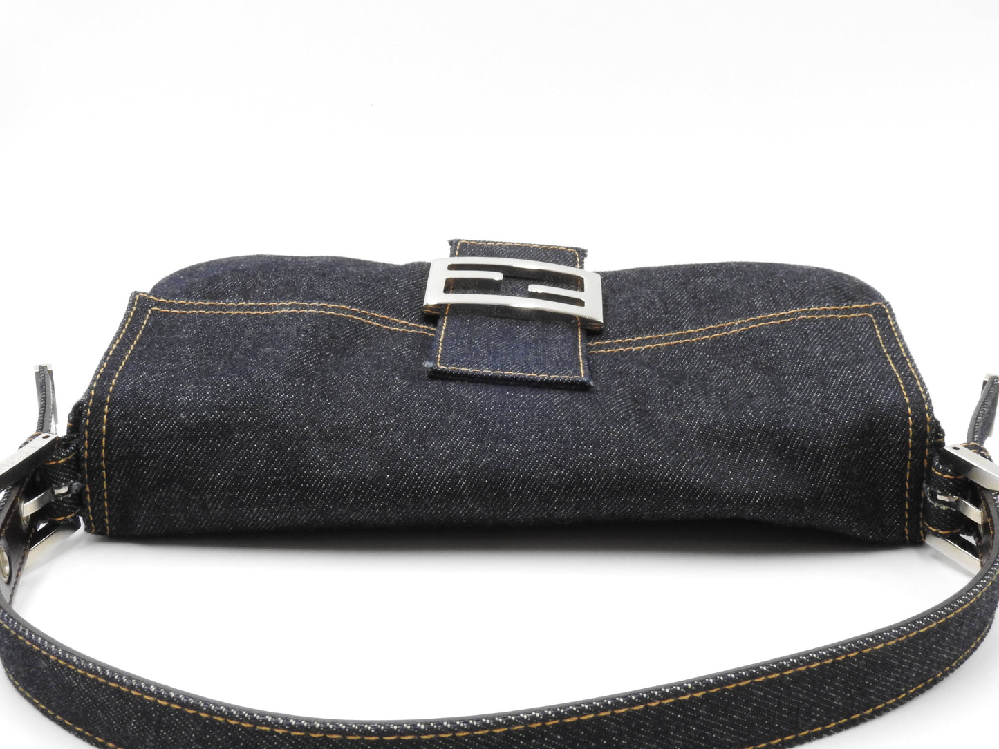 Auth FENDI Mamma Baguette Shoulder Hand Bag Denim Navy Silver Hardware