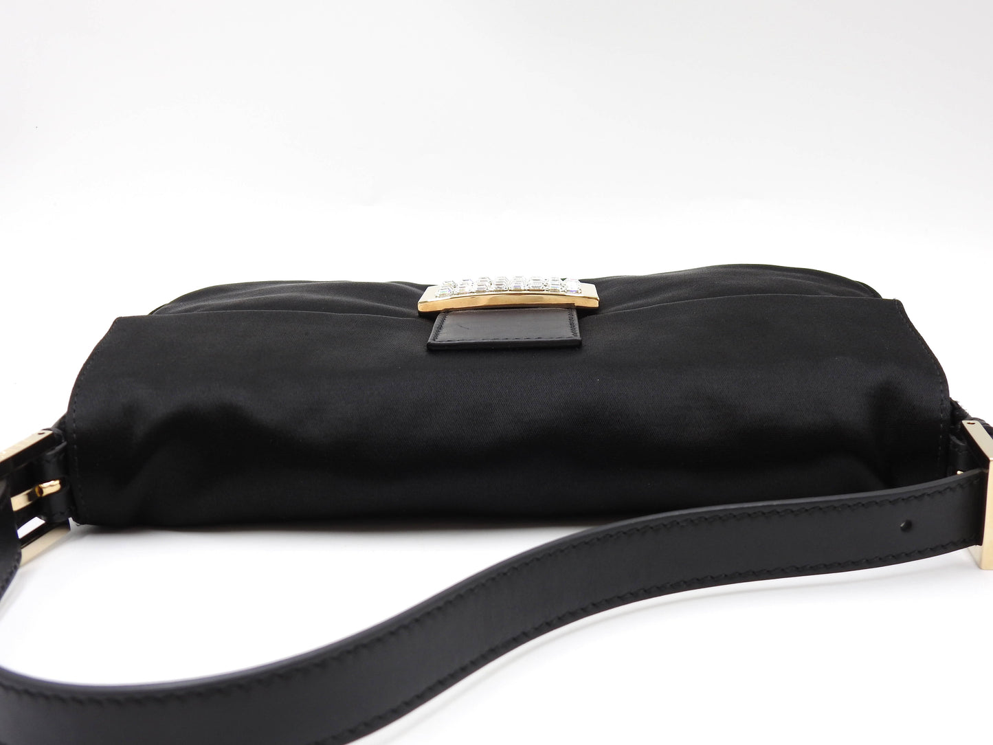 FENDI Mamma Baguette Shoulder Hand Bag Satin Leather Crystal Black 8BR600