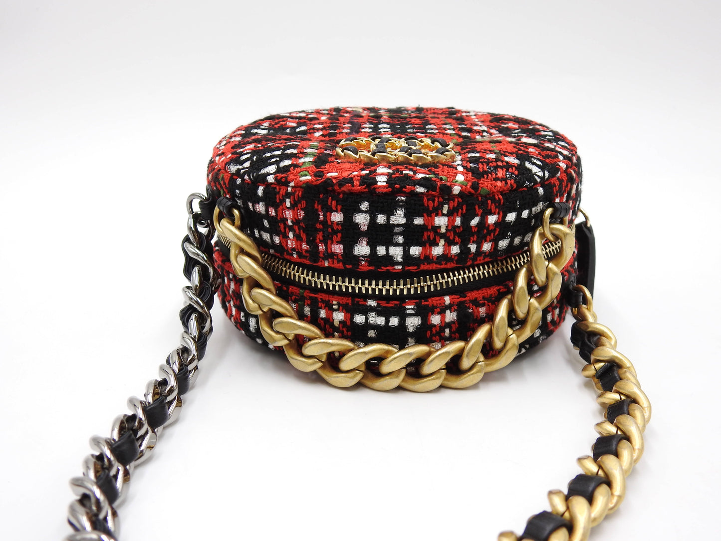 CHANEL 19 Round Chain Clutch Shoulder Bag Tweed Leather Red Black AP0945